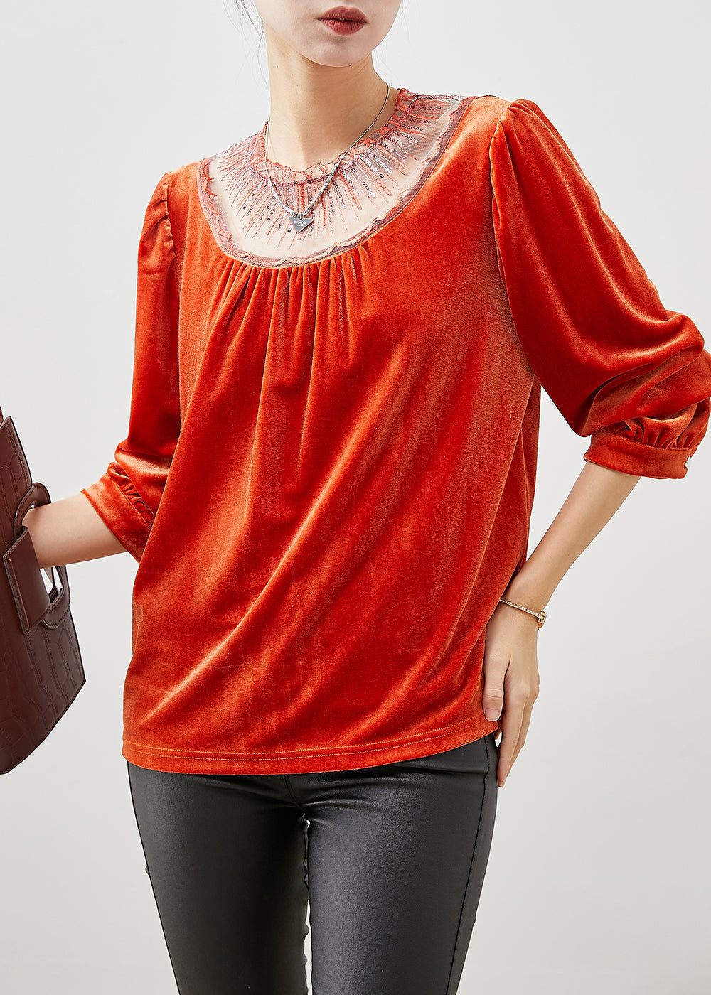 VCSHOES Orange Sequins Patchwork Silk Velour Shirts Fall