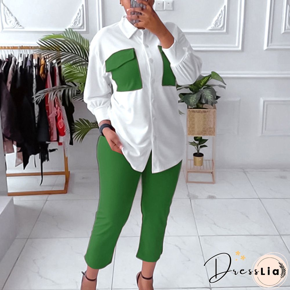 Fashion Contrasting Colors Patchwork Set 2pc Set Autumn Lapel Button Shirts & Slim Long Pants Suit New Casual Office Long Sleeve