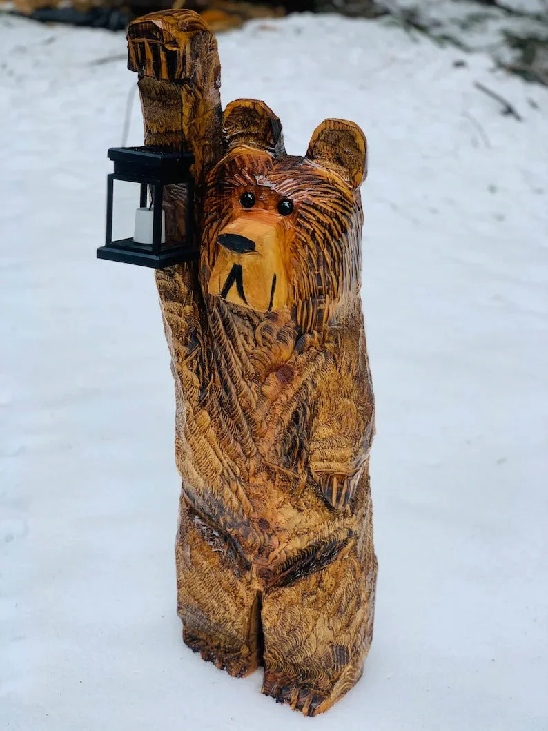 Cedar carved Bear with solar lantern🎄Early Christmas Sale 60%🌲