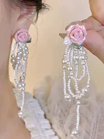 Vintage Alloy Pearl Rose Tassel Earrings