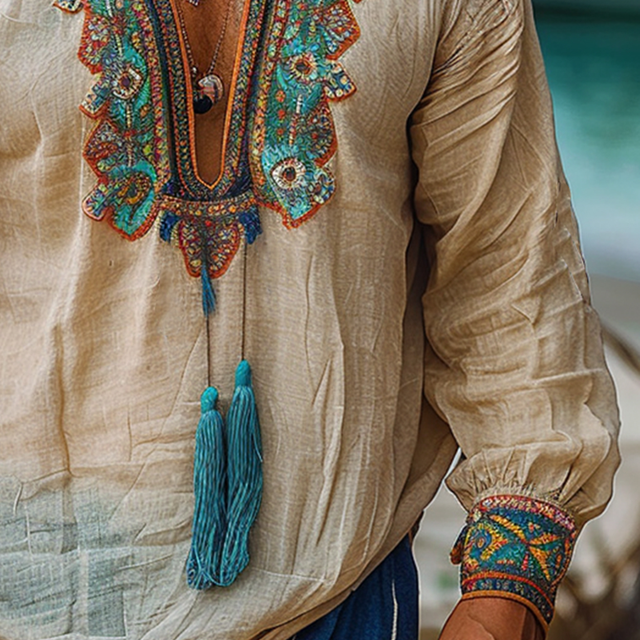 Mens N Ethnic Style Linen Tassel Shirt