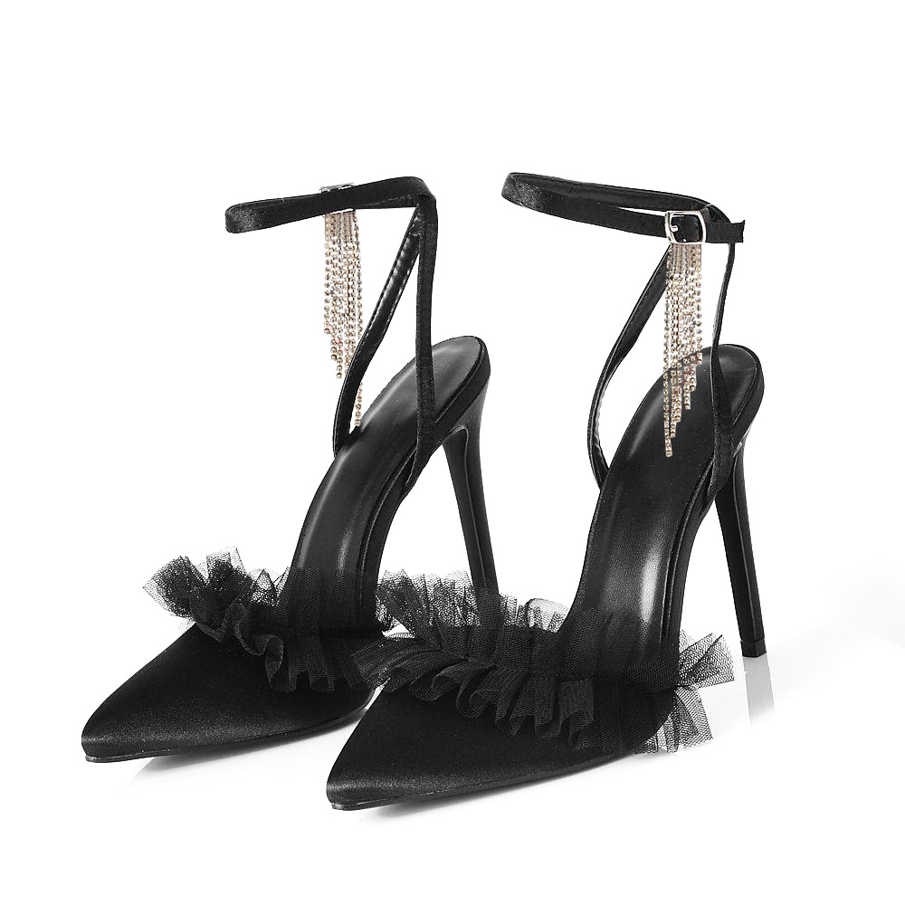 Women's Satin Pointed Toe Ankle Strap Black Pumps with Tulle Ruffles Nicepairs