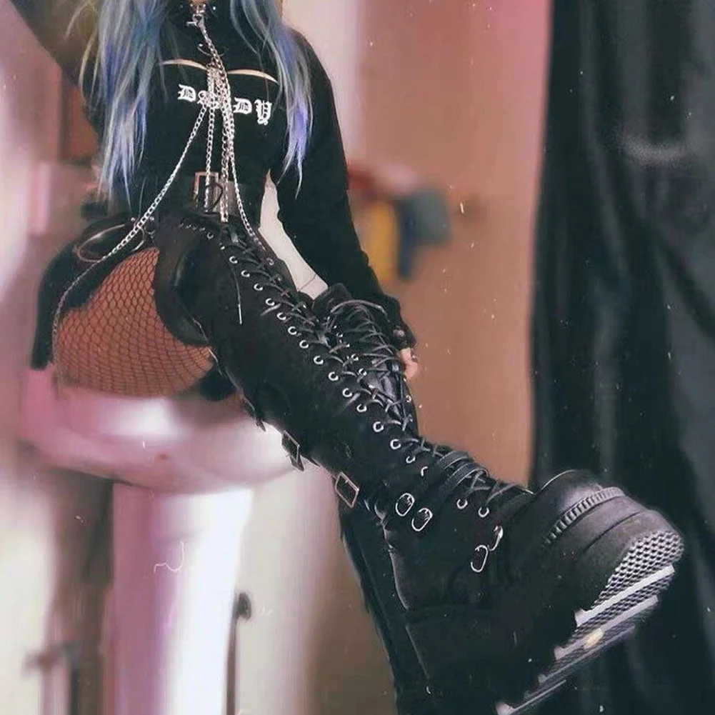 Vstacam Back to School Brand Design Female High Platform Thigh High Boots Buckle Strap Gothic Girls High Heels Boots Women Cosplay Wedges Shoes