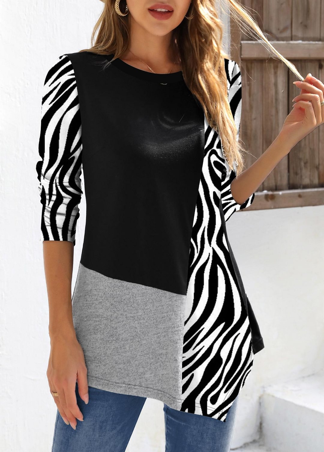 Zebra Print Asymmetric Hem Black Sweatshirt