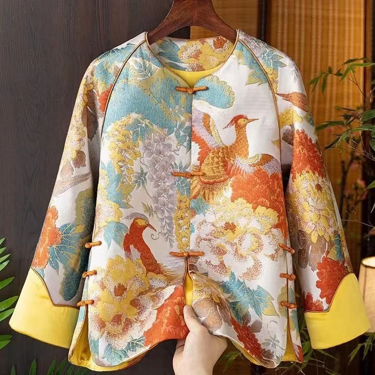 Chinese Style Yellow Embroidered Oriental Button Spliced Silk Coat Autumn