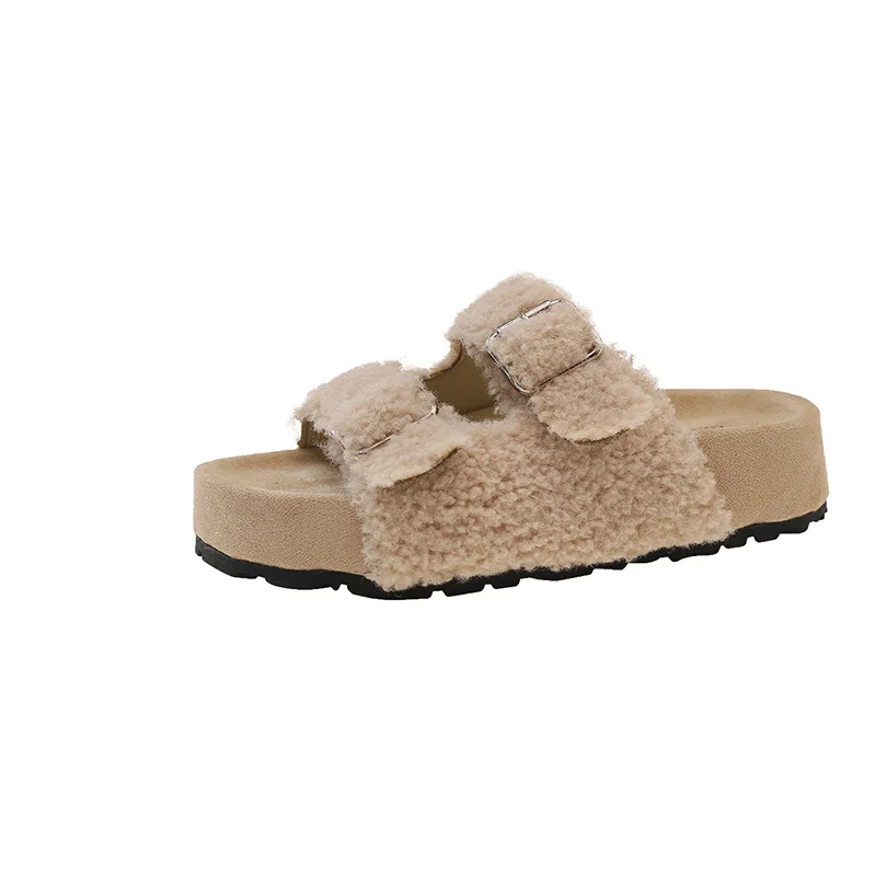 Yyvonne New Lamb Hairy Shoes Double Buckle Buckle Buckle Shoes Thick-Skin Pine Cake Word Sandals To Wear Slippers Women's Shoes