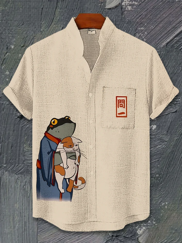 Men's Frog In Kimono And Unhappy Cat Japanese Art Print Pocket Linen Blend Shirt