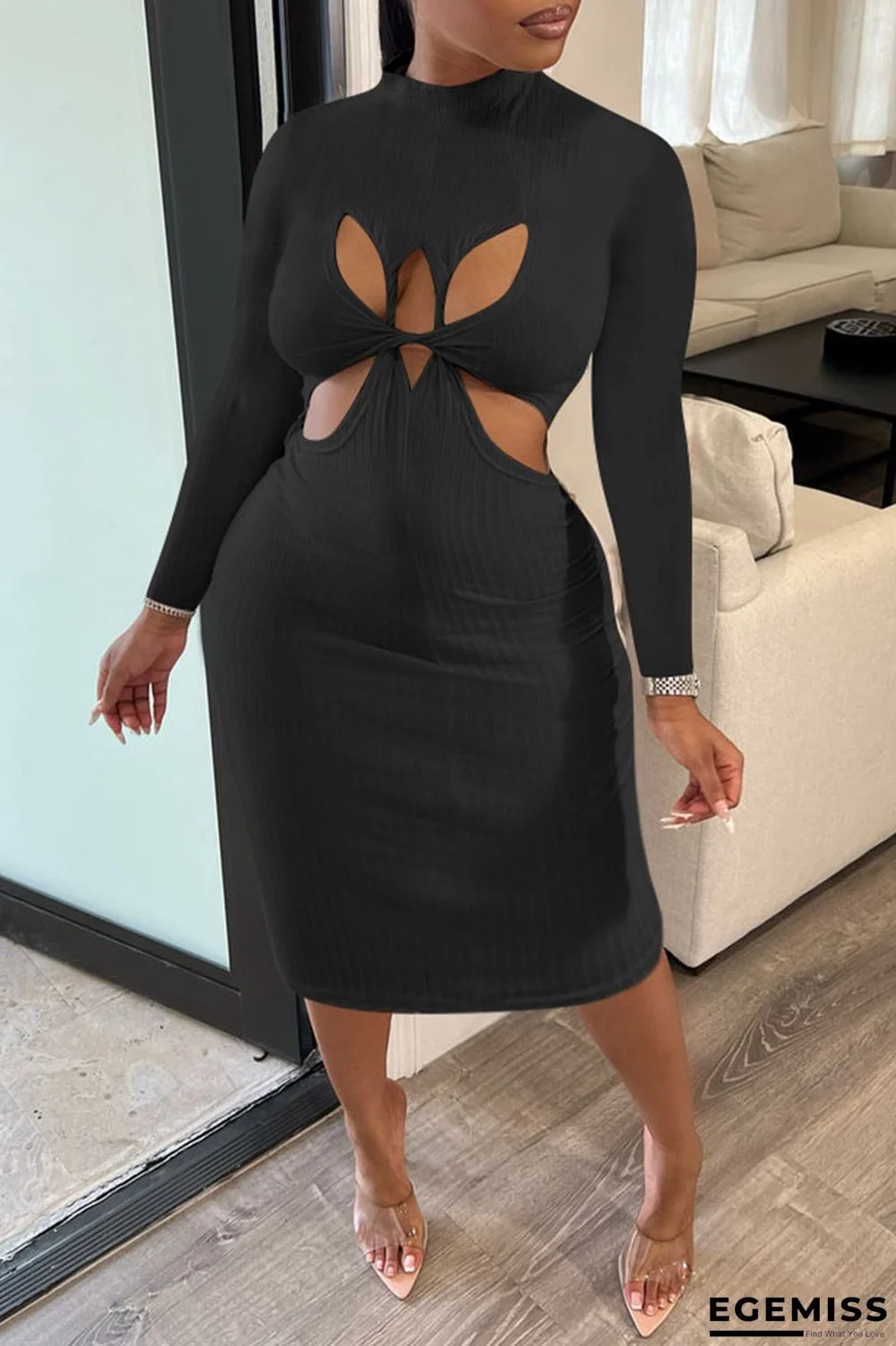 Black Sexy Solid Hollowed Out Patchwork O Neck Pencil Skirt Dresses | EGEMISS