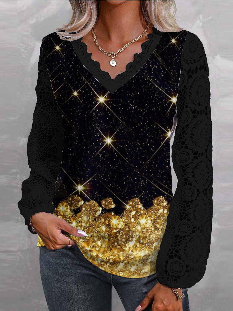 Women Long Sleeve V-neck Polka Dot Lace Tops