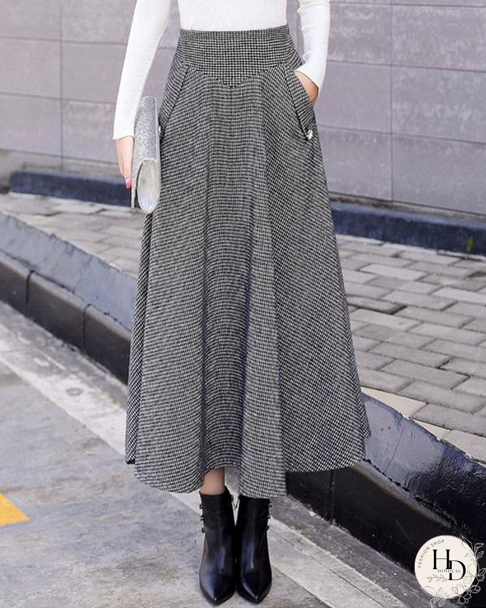 Women Woolen Elegant High Waist Plaid Skirts