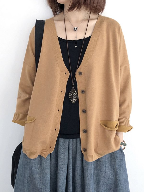 Artistic Retro Solid Color Buttoned V-Neck Long Sleeves Cardigan Top