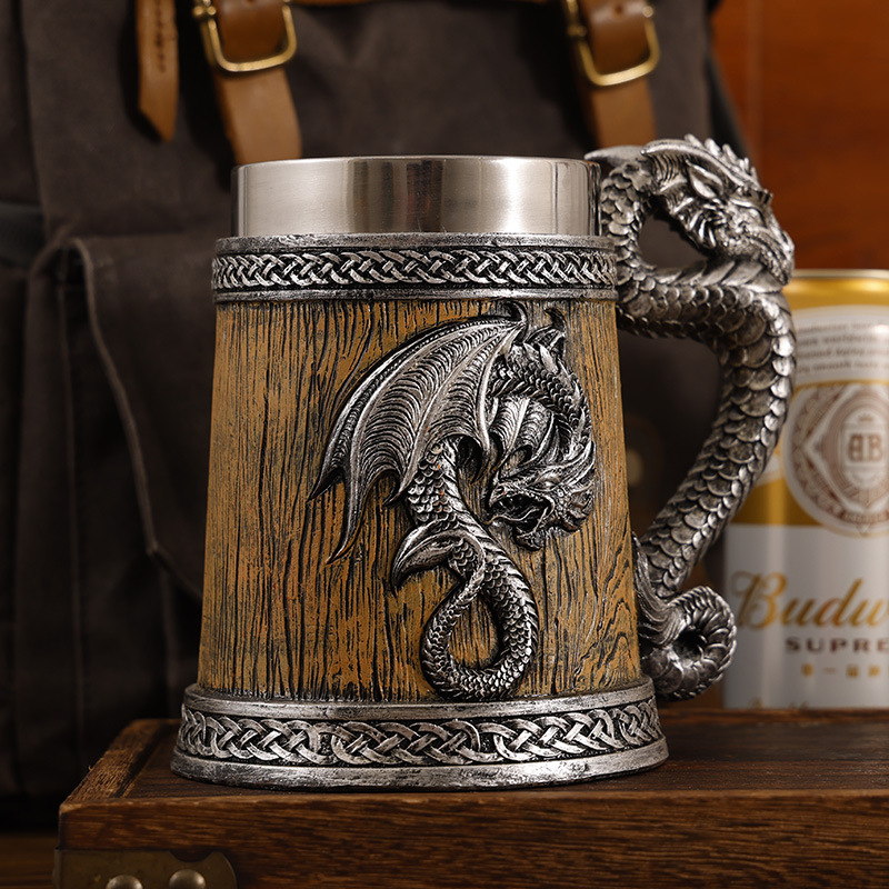 European Pterosaur 3D Stereoscopic Dragon Head Wooden Barrel Beer Mug - Handmade Imitation Wood Resin with Stainless Steel Liner