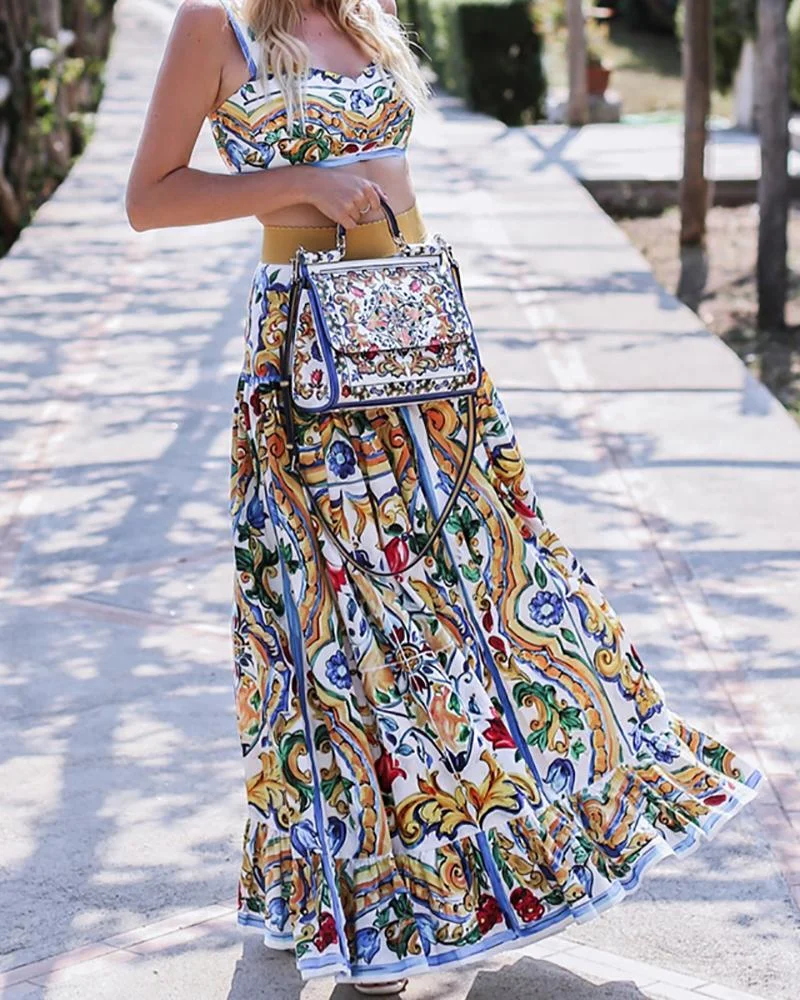 Sexy Off Shoulder Midriff-Baring Floral Printed Top Skirt Set