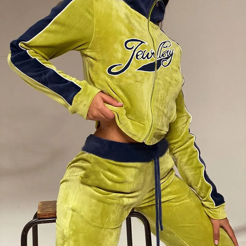 Women Outfit Velvet Tracksuit Letter Print Two Piece Set Streetwear Sweatshirt Straight Sweatpants Matching Set Fitness Sporty