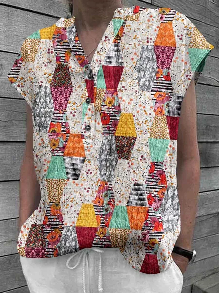 Women's classic geometric pattern cotton and linen top