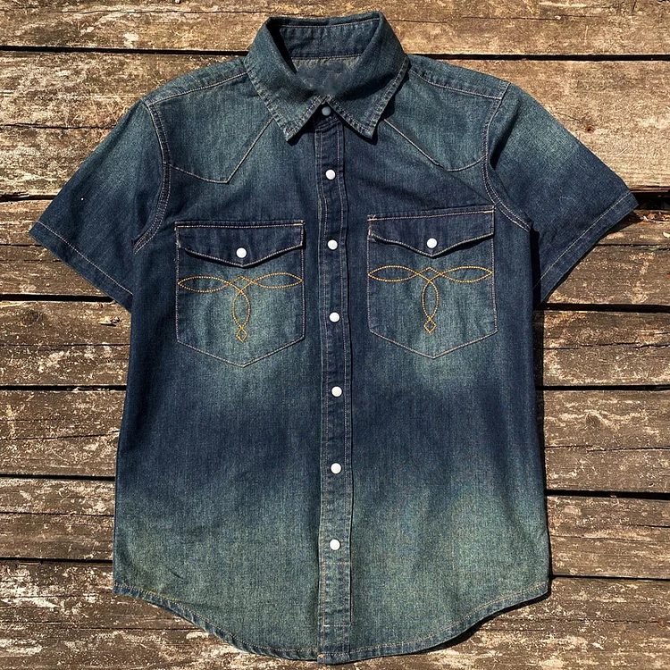 American Retro Bag Flower Gem Button Western Denim Short Sleeve Shirt