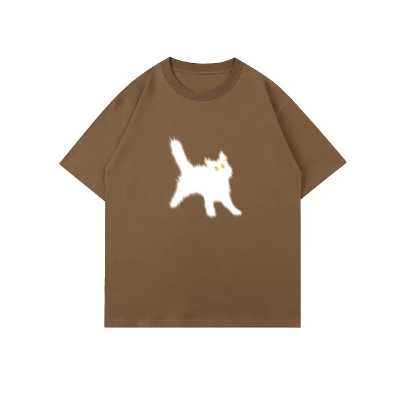 Cartoon Cat Print Round Collar Oversized T-Shirt