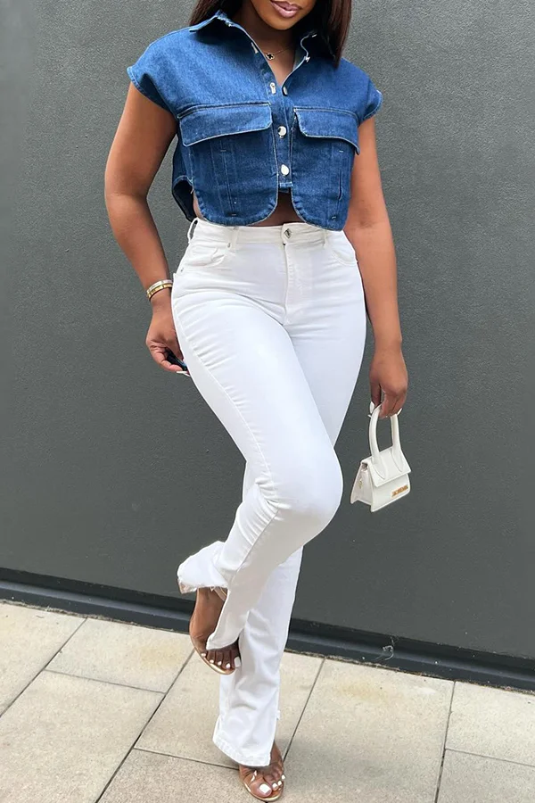 Casual Sleeveless Denim Pocket Top