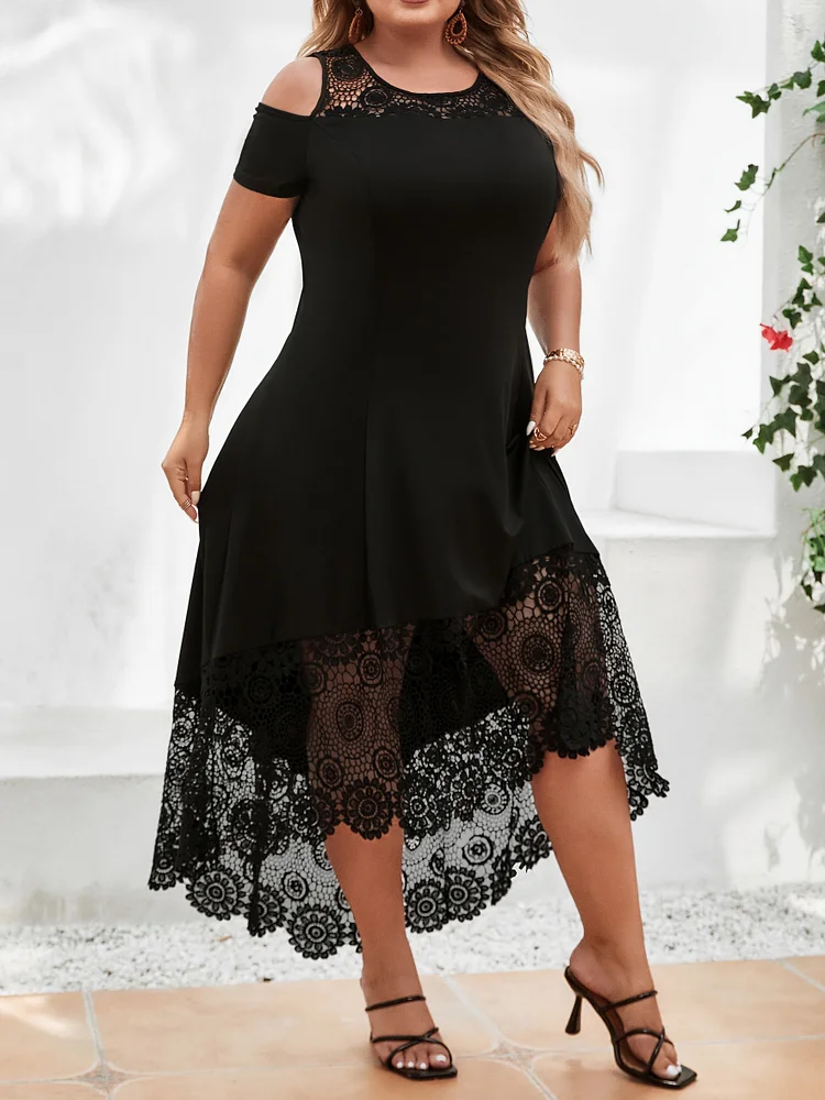 Women's Plus Size Ruffle Dress For Spring And Summer, Color Block Lace Cold Shoulder Design With Medium Stretch And Asymmetrical Hem