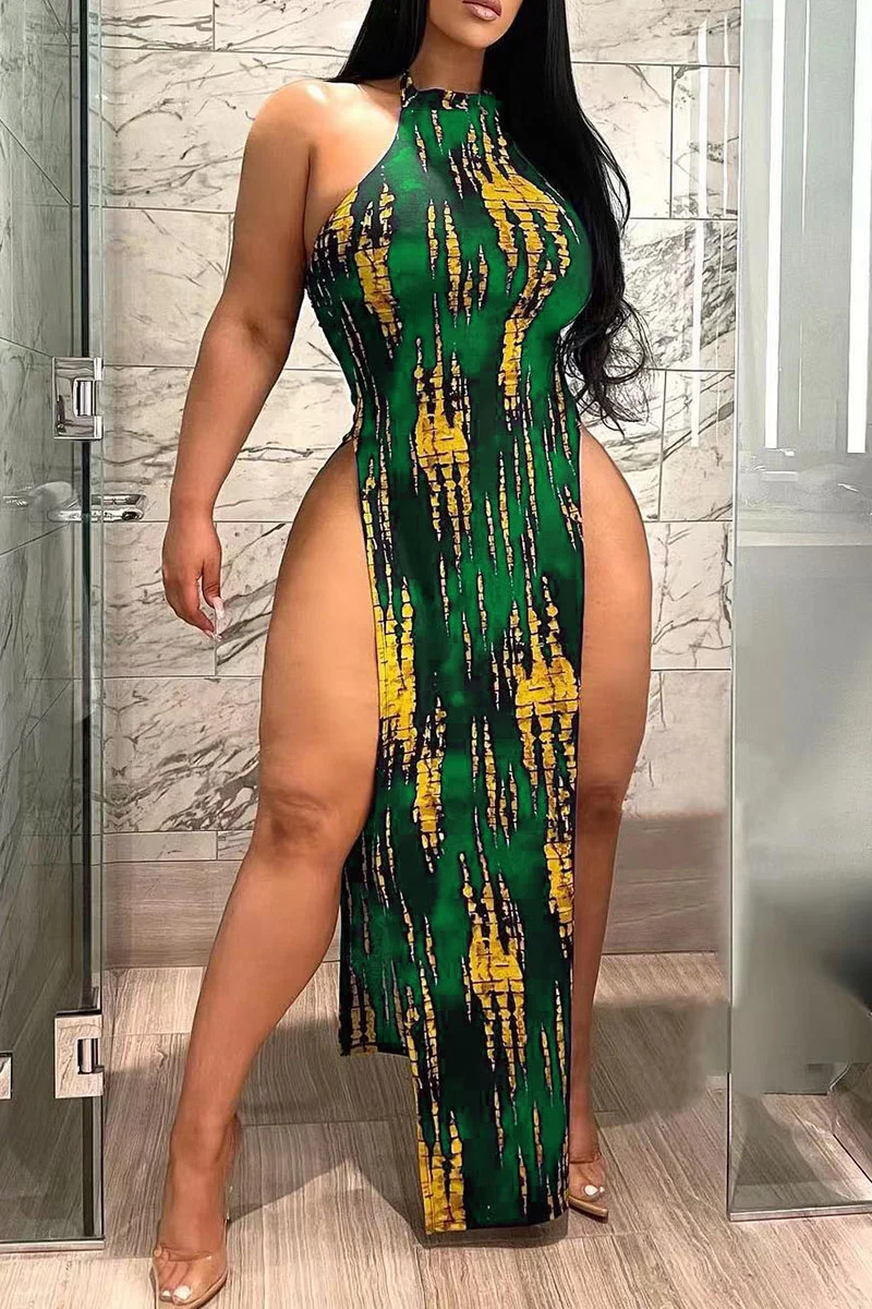 Green Sexy Print Patchwork Slit O Neck Straight Dresses | EGEMISS