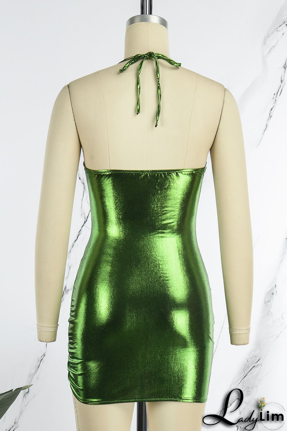 Silver Sexy Solid Bandage Backless Fold Halter Sleeveless Dress Dresses