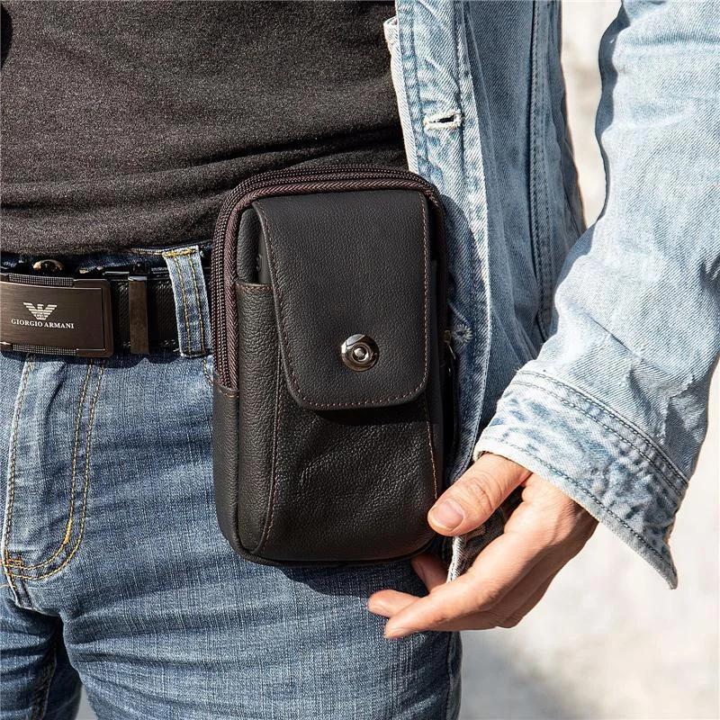 Grain Textured Style Genuine Leather Multiple Compartment Card Slot Magnetic Closure Belt Bag