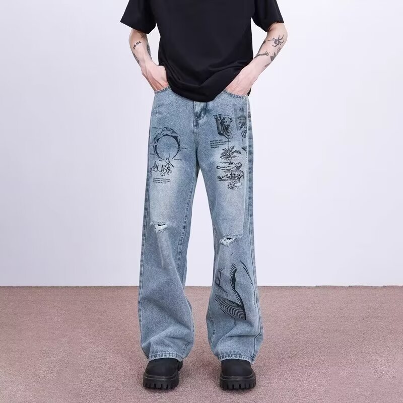 Sopula Retro Street Distressed Copper Printed Jeans - Sopula｜Premium Graphic Tees & Graphic Clothing