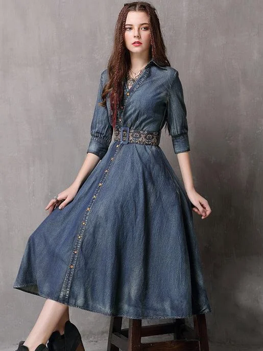 Vintage Embroidered Cropped Denim Dress