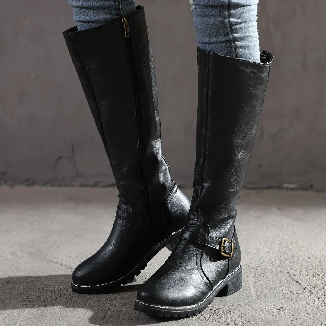 Yyvonne Wish Hot Autumn And Winter New Women's Boots Belt Buckle Side Zipper Side And Flat Bottom High-Heeled Knight Boots