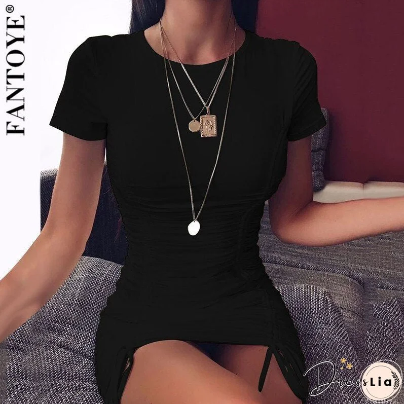 New Ruched Fold Drawstring White Women Dress Summer Short Sleeve Mini Bodycon Party Dress Female Basic Dress Streetwear