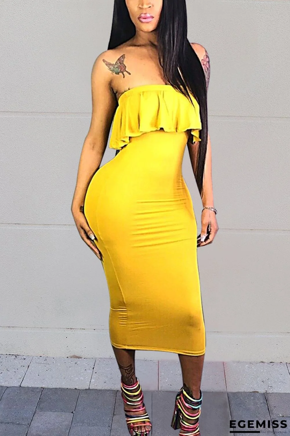 Yellow Sexy Flounce Strapless Dress | EGEMISS