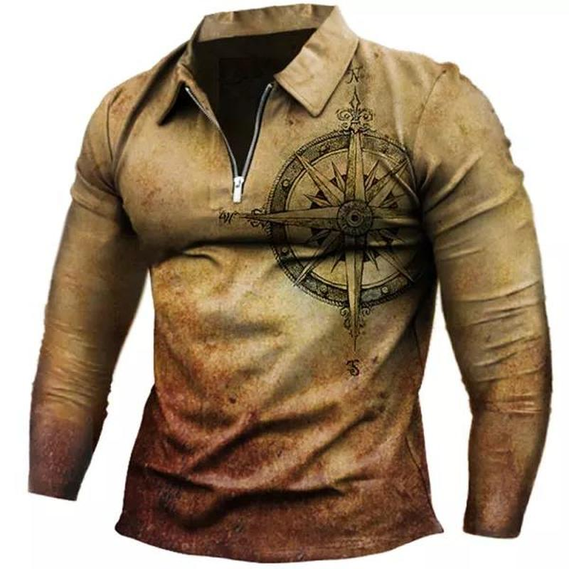 Men's Vintage Compass Nautical Print Polo Long Sleeve T-Shirt