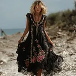 Vintage Boho Pink Roses Lace Flowy Linen Maxi Dress - Image 4