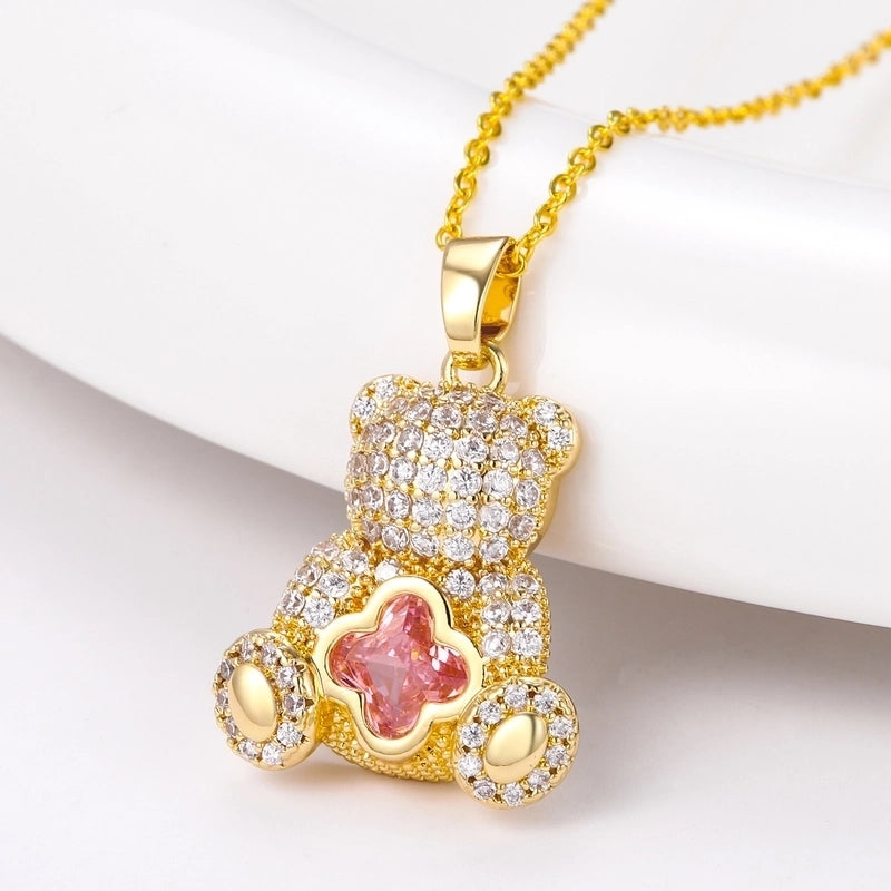 304 Stainless Steel Copper 18K Gold Plated Plating Inlay Bear Zircon Pendant Necklace