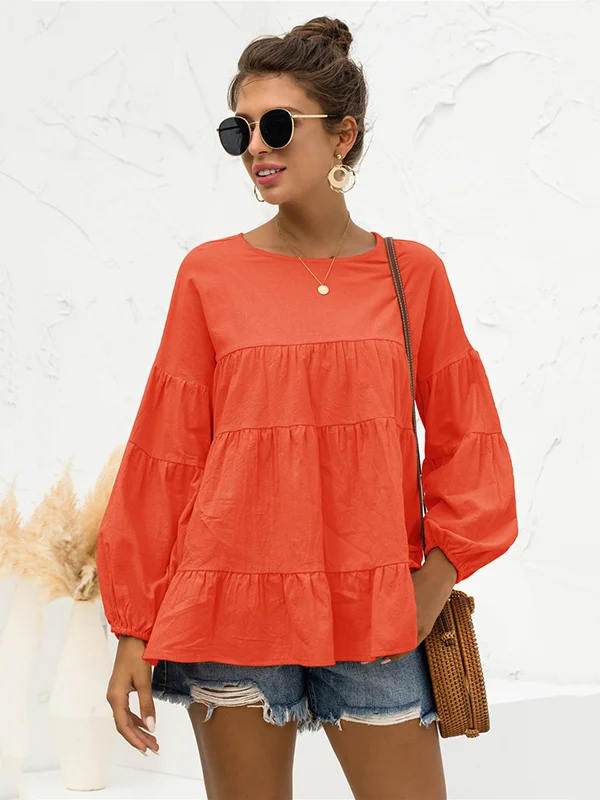 Casual Long Sleeves Puff Sleeves Solid Color Round-Neck T-Shirts Tops