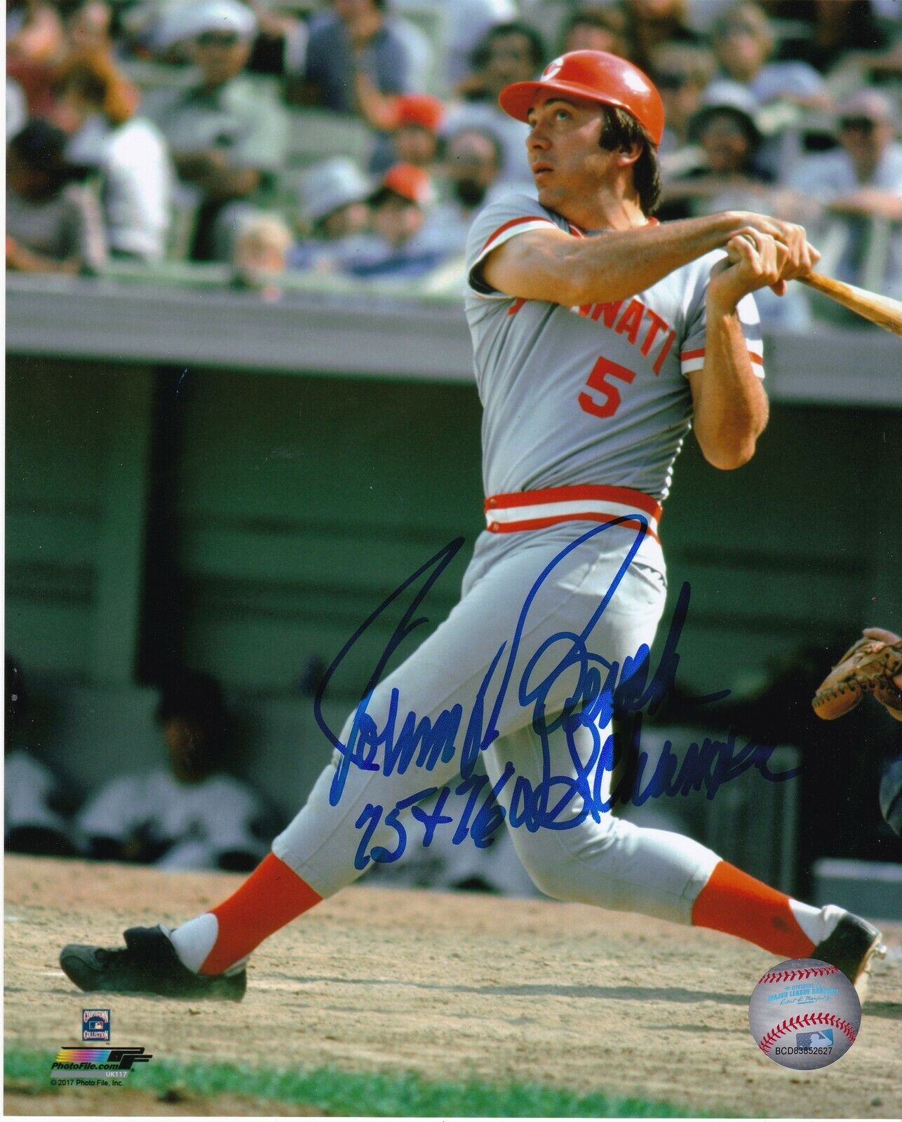 JOHNNY BENCH CINCINNATI REDS 75,76 WS CHAMPS ACTION SIGNED 8x10