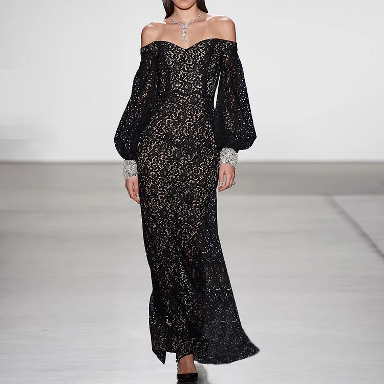 Elegant Lace Hollow Out Off Shoulder Lantern Sleeve Maxi Dress