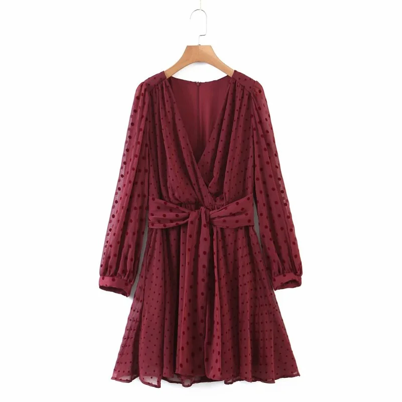 PUWD Chic Woman Red Lace V Neck Chiffon Mini Dress 2021 Spring Fshion Ladies Sashes Party Dresses Female Elegant Dot Print Dress