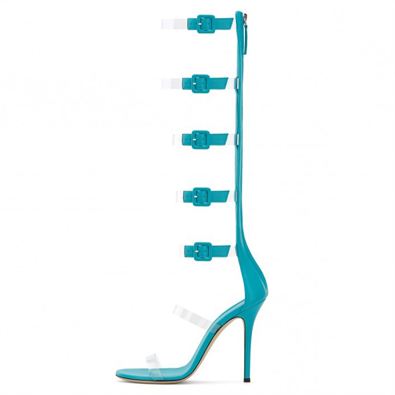 Cyan & Clear PVC Open Toe Stiletto Heel Gladiator Sandals with Buckle Nicepairs