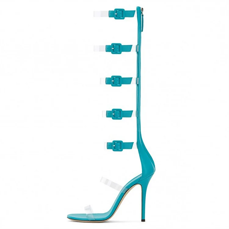 Cyan transparent PVC Knee-high Gladiator Heels Buckles Strappy Sandals |FSJ Shoes
