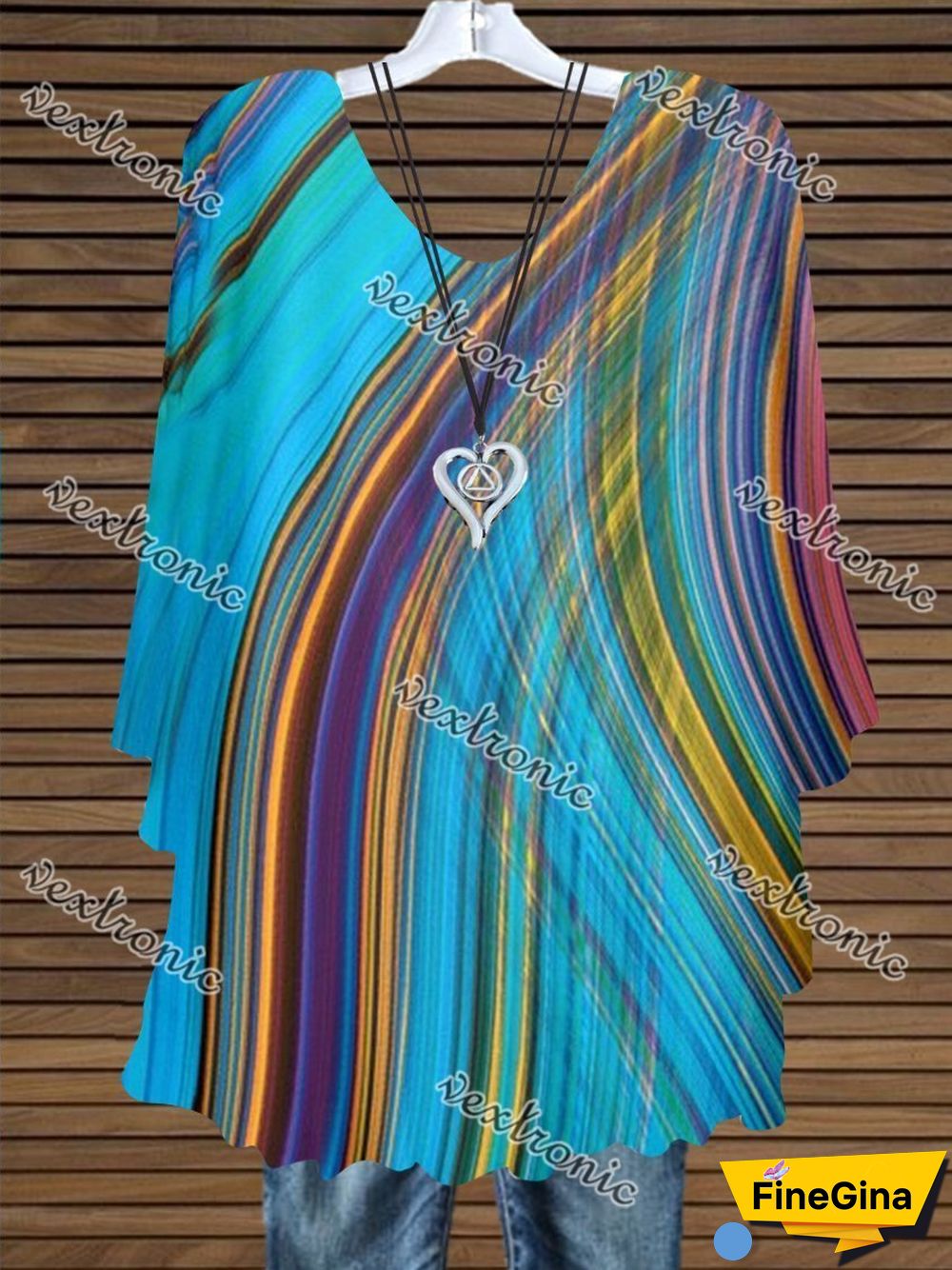 Women Half Sleeve V-neck Colorblock Striped Printed Top Dress