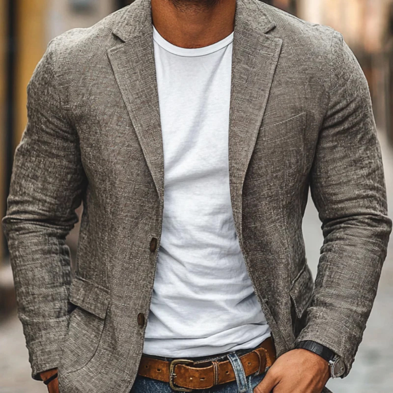 Men's Casual Cotton Linen Notch Lapel Single-Breasted Slim-Fit Blazer