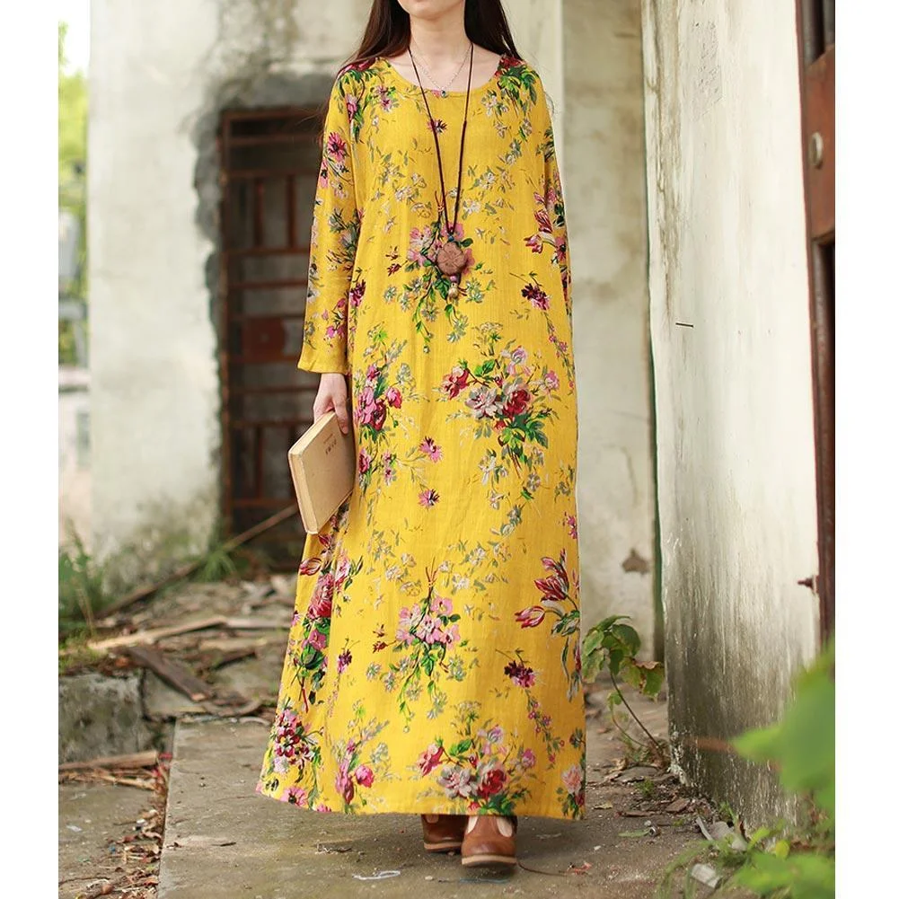 Vintage Maxi Floral Dress Plus Size Long Sleeves Pockets O Neck Cotton Linen Loose Dresses