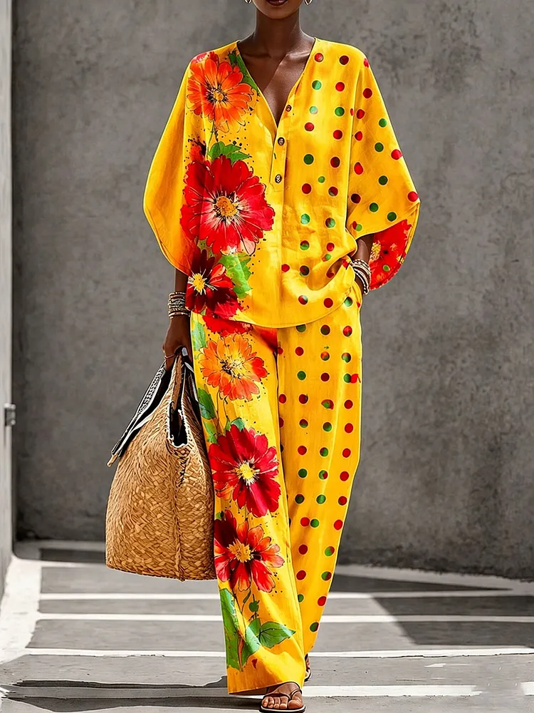 Women&rsquo;s Floral and Polka Dot Pattern Creative Print Two-Piece Set