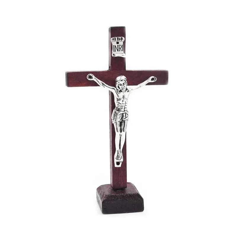 Oocharger Wooden Catholic Jesus Cross with Stand Vintage Religious Christian Standing Crucifix Church Home Shelf Tabletop Ornaments