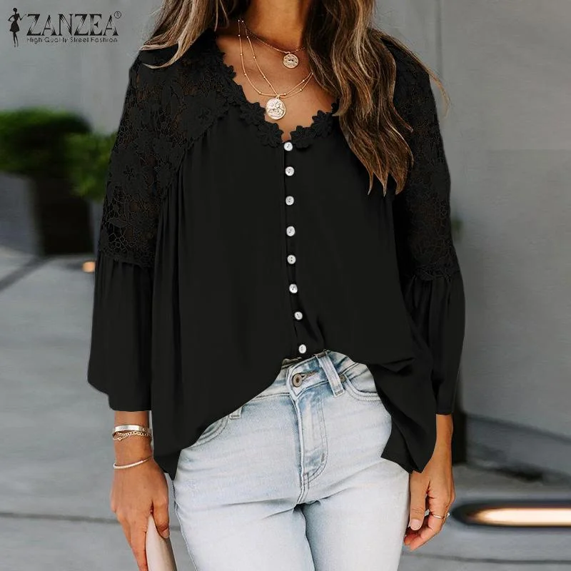 Summer Lace Crochet Blouse 2022 ZANZEA Sexy Women Hollow Out Shirt Casual Elegant V Neck 3/4 Sleeve White Tops Office Blusas 7