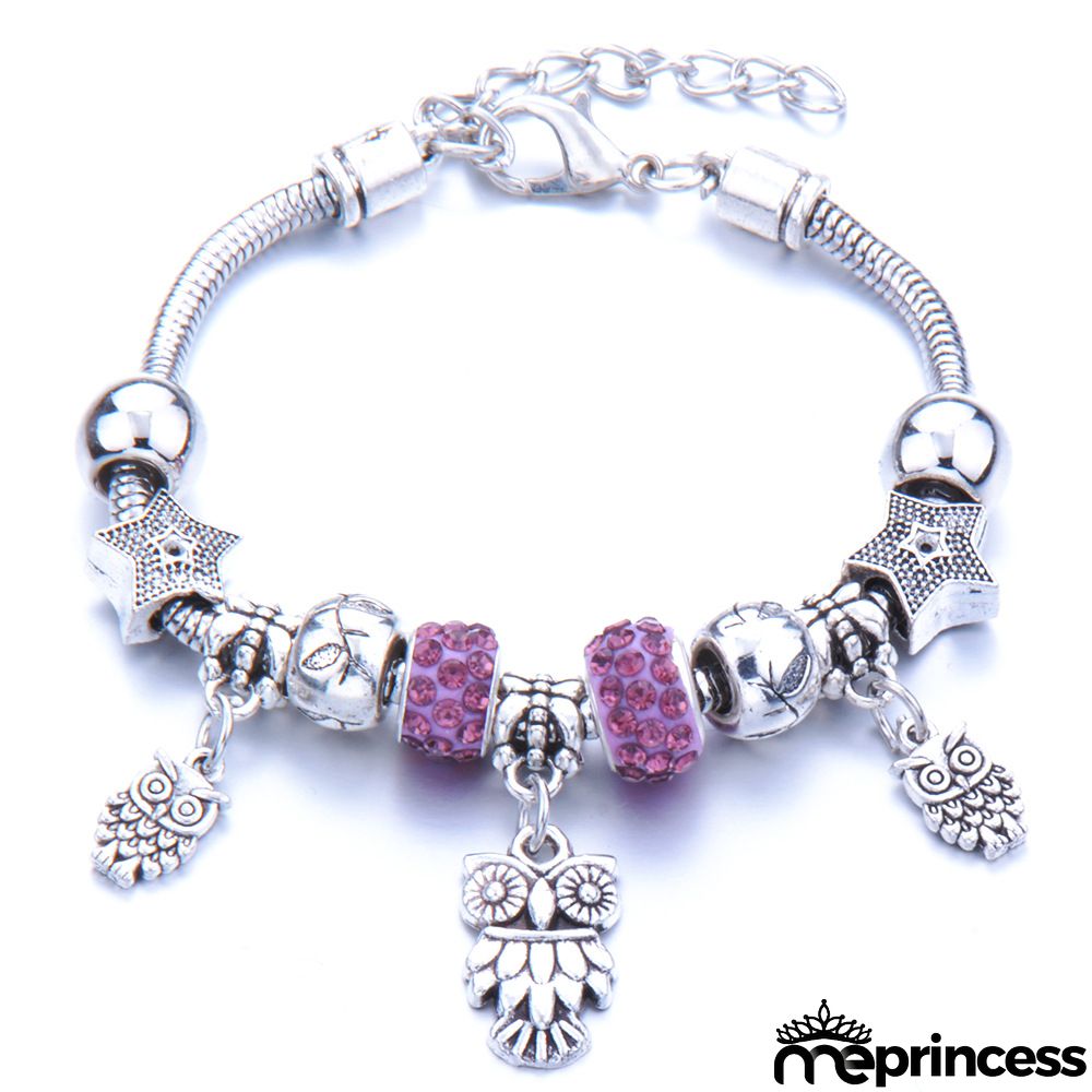 Women Fashion Rhinestone Butterfly Crown Pendant Beaded Bracelet