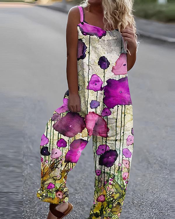 Ladies Loose Casual Art Floral Jumpsuit
