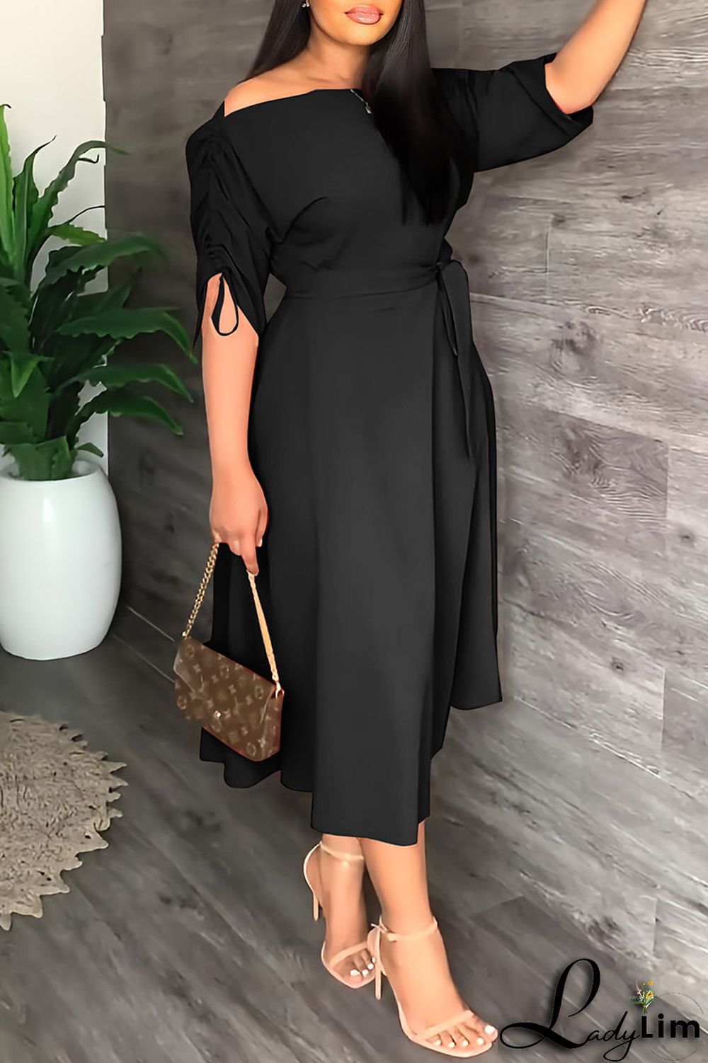 Red Casual Elegant Solid Patchwork Draw String Fold Oblique Collar Dresses