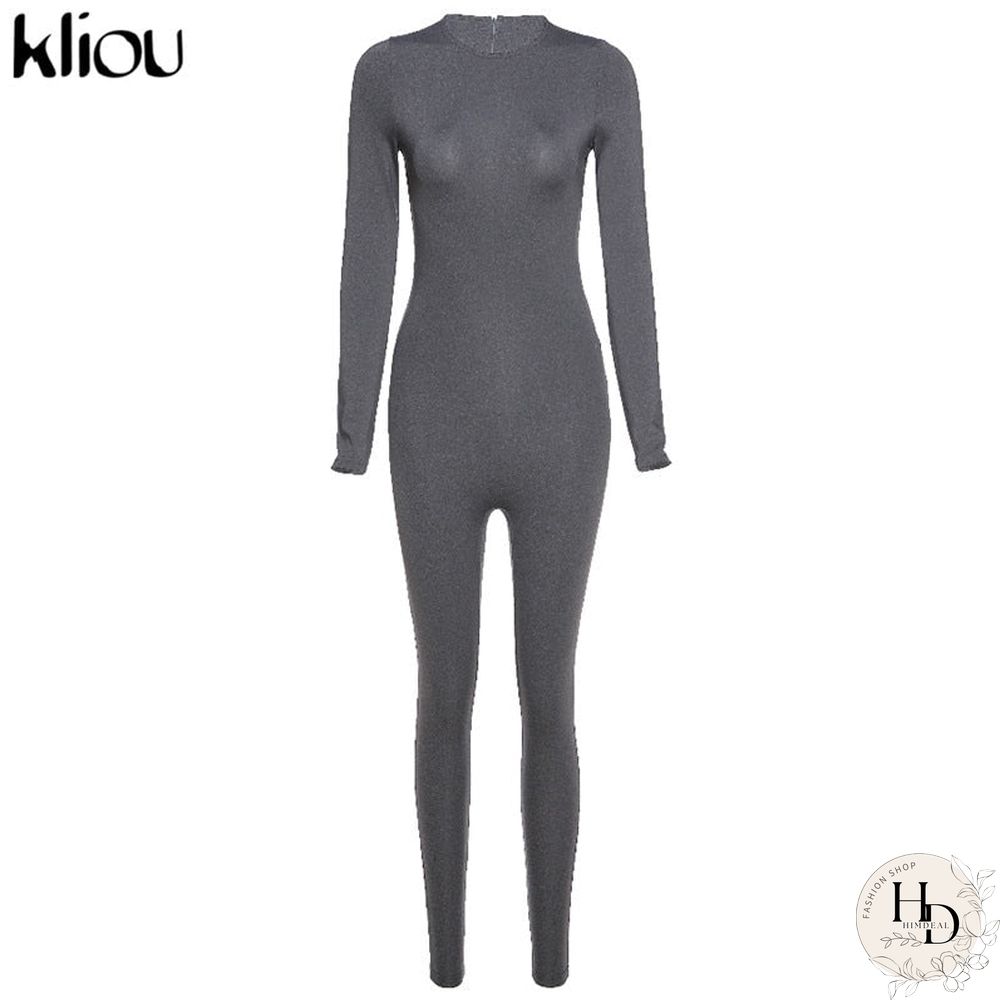 Kliou Solid Black/Gray Long Sleeve Skiing  Jumpsuit Women Elastic Hight Outfit Fashion Fitness Sportwear Slim Rompers Streetwear